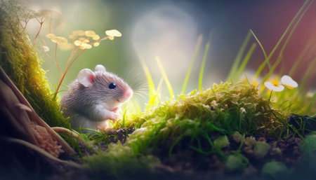 Cute little hamster on green moss background. Funny pet.の素材