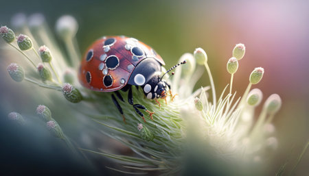 Beautiful ladybug on the grass in the garden. Macro photoの素材