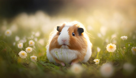 Cute guinea pig sitting on the grass with dandelionsの素材