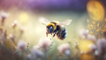 Bumblebee pollinates flowers on a meadow in summer.の素材