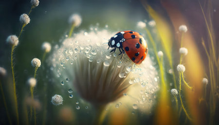 Ladybug on dandelion flower with dew drops close upの素材
