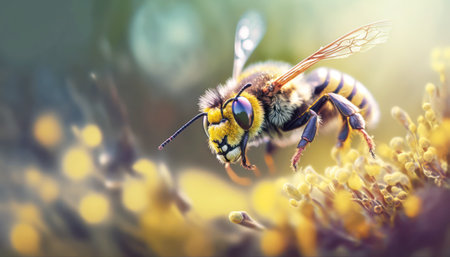 Honeybee on yellow flowers. Macro photo of a bee on a flower.の素材