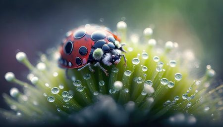Ladybug on green grass with dew drops. Natural background.の素材