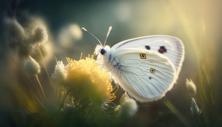 butterfly on dandelion flower in the meadow at sunsetの素材