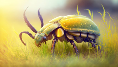 beetle on green grass in the rays of the setting sunの素材