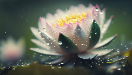 Beautiful lotus flower in the pond with water drops on the petalsの素材