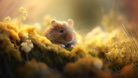 Hamster on a green moss with yellow flowers in the background.の素材