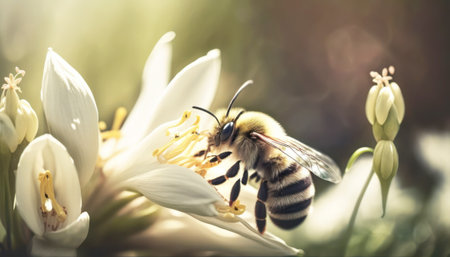 Bee on white flower. Selective focus. Shallow depth of field.の素材
