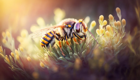 Bee on a flower in nature. Macro shot with shallow depth of field.の素材