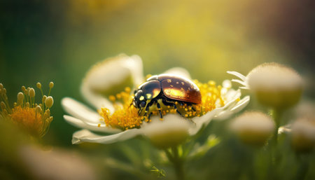 Ladybug on camomile flower, macro shot, shallow depth of fieldの素材
