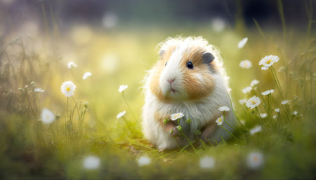 Cute guinea pig with daisies in the meadowの素材