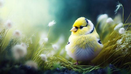 Cute little yellow little  sitting in the grass with dandelionsの素材