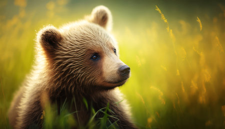 Cute little brown bear in the summer field. Close-upの素材