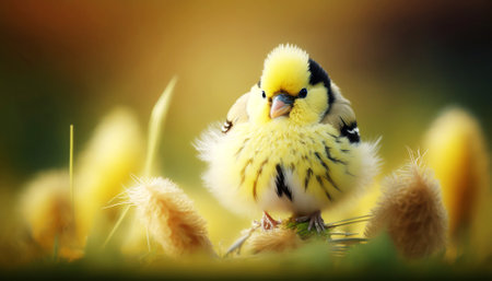 Little yellow bird sitting on a grass with yellow flowers in the backgroundの素材