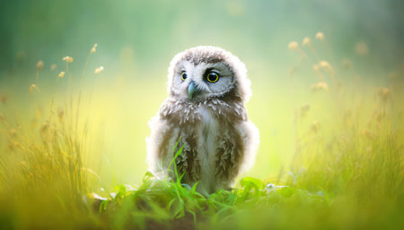 Little owl sitting on the grass in the meadow at sunrise.の素材