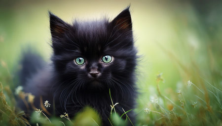 Cute black kitten in the grass with green bokeh backgroundの素材
