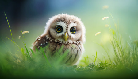 Little owl in the green grass with bokeh background, shallow depth of fieldの素材
