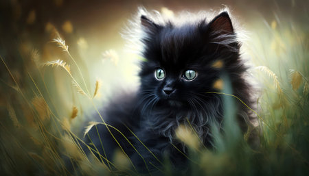 Funny black kitten with green eyes sitting on the grass in summerの素材