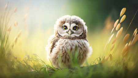 Little owl sitting on the grass and looking at the camera in the forestの素材