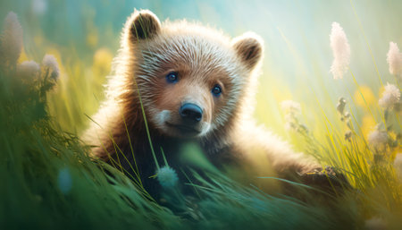 Cute little brown bear cub in the summer forest. Animal portraitの素材
