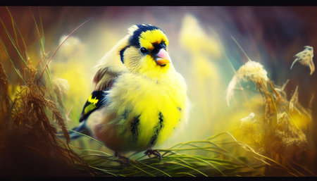 American Goldfinch (Carduelis carduelis) sitting on grassの素材