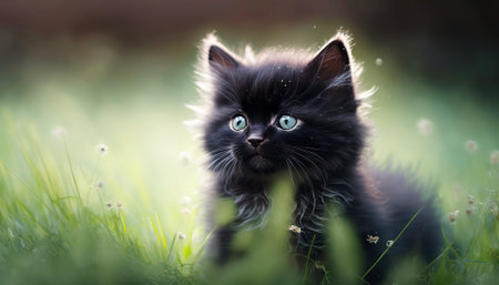 Cute little black kitten in the grass on a sunny summer dayの素材