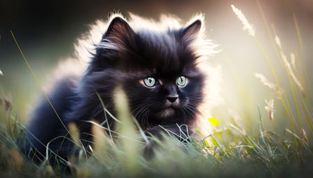 Portrait of a black fluffy kitten with blue eyes in the grassの素材