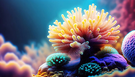 3d illustration of colorful corals on colorful background. Beautiful marine lifeの素材