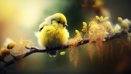 Little bird on a branch with yellow flowers. Spring nature background.の素材