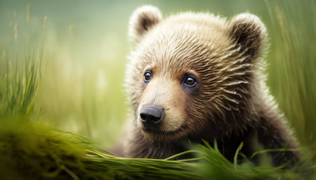 Brown bear in the summer forest. Close-up portrait of a wild animalの素材