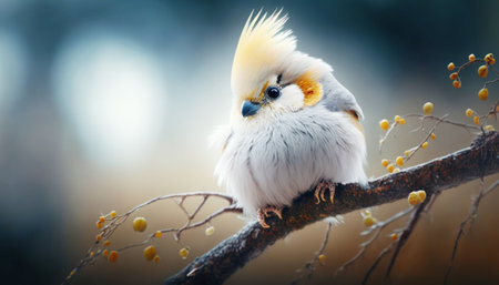 Cute white bird sitting on a branch with yellow berries in the forestの素材