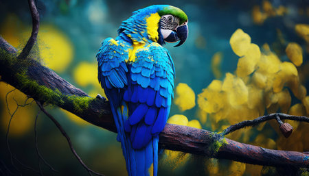 Beautiful macaw parrot sitting on the branch on blurred backgroundの素材