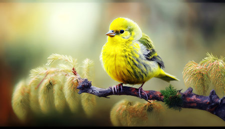 Little yellow bird sitting on a branch of a tree in the forestの素材