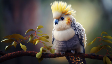Cockatiel sitting on a branch with eucalyptus leavesの素材