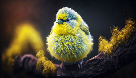 Cute little chick on a tree branch. Colorful background.の素材