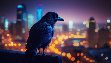 Crow on the roof of a skyscraper in Shanghai at nightの素材