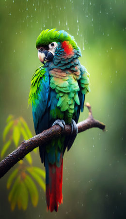 Colorful macaw parrot sitting on a branch in the rainの素材