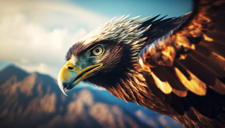 Eagle on a background of mountains. 3D rendering. Toned.の素材
