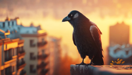 Portrait of a crow on the background of a city at sunsetの素材