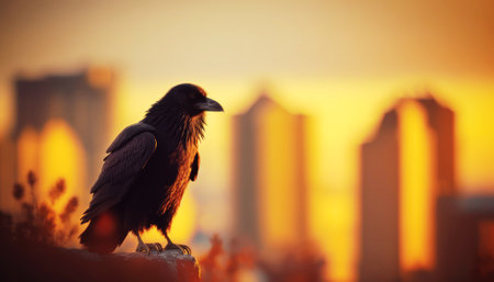 Black crow on the city background at sunset. Close-up.の素材