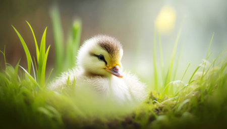 Cute duckling in the grass with bokeh background.の素材
