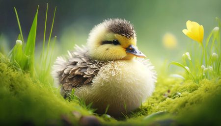 Cute little yellow duckling on green grass with yellow spring flowersの素材