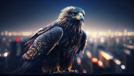 Golden eagle on a background of the night city. 3d renderingの素材