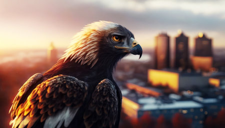 Bald Eagle on the background of the city at sunset. 3d renderingの素材