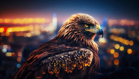 Golden Eagle on a background of the night city. Toned.の素材