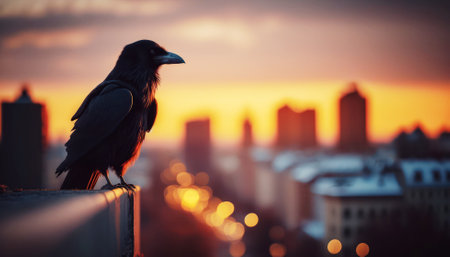 Crow on a fence in the city at sunset. Close-upの素材