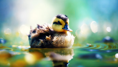 Little duckling swimming in the water. Shallow depth of field.の素材