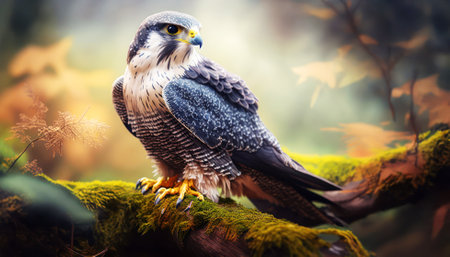 Peregrine Falcon sitting on a branch in the forest.の素材