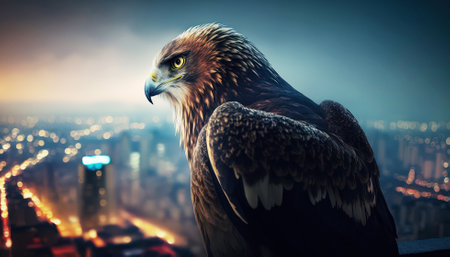 Golden Eagle on the background of the city at night. 3d renderingの素材