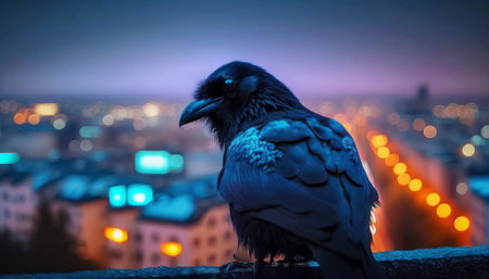 Crow on the background of the night city and the city lightsの素材
